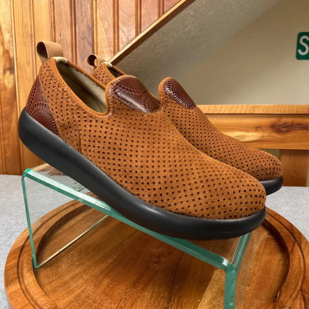 Alegria Eden Brown Perforated Slip On Shoes Embossed Leather EDE-7727 Womens 39